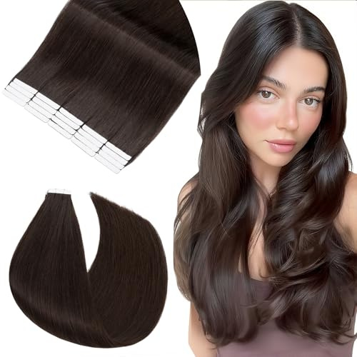 Rich Choices Tape Extensions Echthaar Tape in Extensions 40cm 20 Stück #2 Dunkelbraun Haarverlängerung Echthaar Remy Seidig Gerade Invisible Tape ins Haar Extensions Natürliche Haarverdichterung