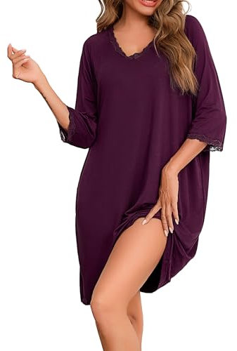 Uniexcosm Chemise de Nuit Femme Coton Courte Robe de Nuit Femme Col en V Manche 3/4 Dentelle B-Rouge Violet Foncé L