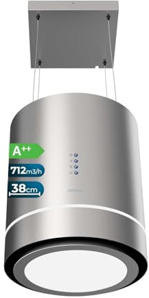 Cecotec Hotte aspirante 44cm îlot Rond Bolero Flux Cre 448000 Inox A++. Finition Inox, Aspiration 800M3/H, Moteur 210W, Commande Electronique, Lumière, Filtre à Charbon