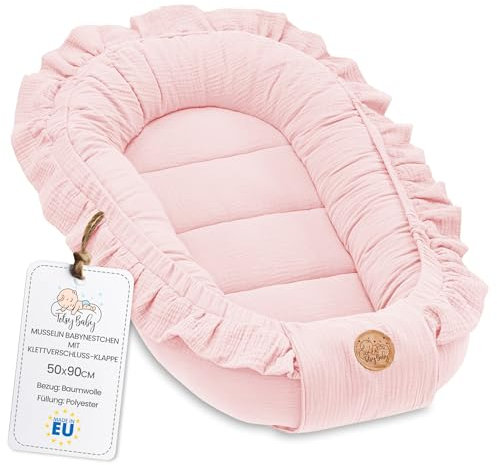 Musselin Babynest Nestchen Baby 90x50 cm - Babynestchen Neugeborene Nest für Kinder Bett und Babybett tragbar Kuschelnest Coccon für Jungen und Mädchen Baumwolle Puderrosa