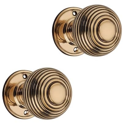 Infinity Decor Pair of Solid Brass Beehive Mortice Door Knobs in Aged Brass Finish 60mm Round Pull Passage Handles Set - Ideal for Internal and External Doors