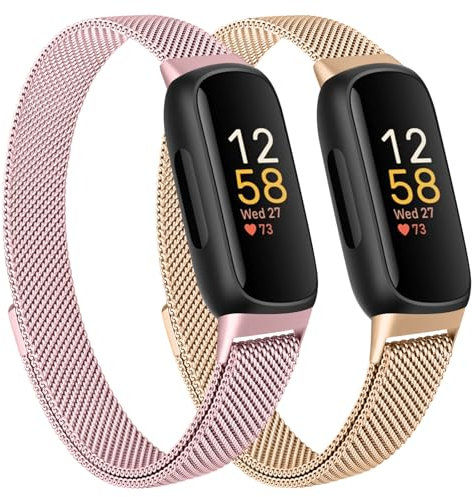 YLK 2 Stück Armbands Kompatibel mit Fitbit Inspire 3 Armband für Damen Herren, Edelstahl Metall Magnet Ersatzarmband für Fitbit Inspire 3 Uhrenarmbänder (Roségold/Rosa)