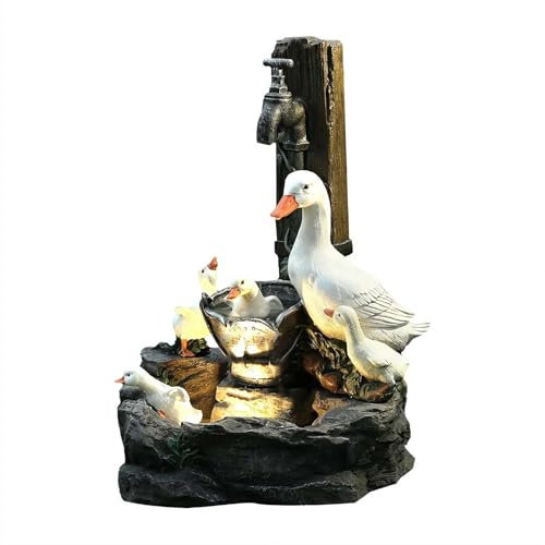 Cikiki Fontaine d'extérieur en forme de canard avec lumière solaire, statue de canard/écureuil, décoration de fontaine à eau pour pelouse, cour, patio, étang ou cour