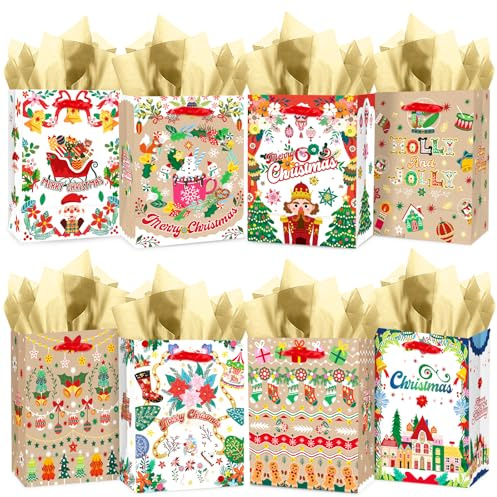 Gcardist Weihnachten Geschenktüten mit Seidenpapier Mittel Papiertüten mit Henkel Kraftpapier Tüten Weihnachten für Weihnachtsfeier-Zubehör (8PCS,19,5x24,4x11CM)