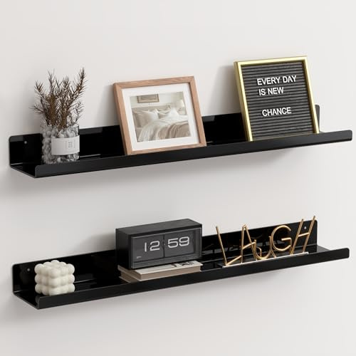 RICHER HOUSE 61cm Wandregal Ohne Bohren, Schwarz Acryl Schweberegal, 2er | Doppelte Befestigung (Kleber oder Schrauben), für Kinderzimmer Schlafzimmer Badezimmer Küche Wohnzimmer Lagerung Organisation