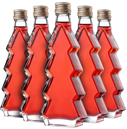 KADAX Glass Bottles in Christmas Tree Shape, 200 ml, Pack of 5, Christmas Bottles with Screw Cap, Liquor Bottles for Christmas, Empty Schnapps Bottles for Filling (Gold)