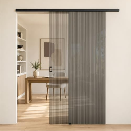 Mai & Mai Glasschiebetür komplettset softclose Matt Schwarz 77,5x205cm | Zimmertür 8mm ESG-Sicherheitsglas Explosionsschutzfolie, Schiebetür Glas schwarz gebürstet mit Laufschiene Muranino-001