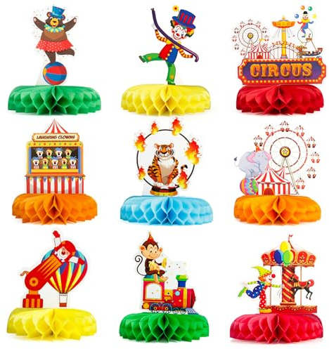 uinnossvc 9 Stück Wabenbälle Tischdeko, Honeycomb Party Dekorationen | Clown Zirkus Tier Thema Party Mittelstücke Dekoration, Bienenwabe Mittelstücke für Jungen Mädchen Karneval