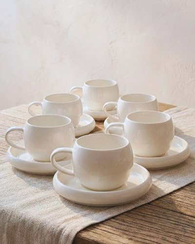 BAVARY Chubby Tazze da Caffè e Tè con Piattino – Servizio 12 Pezzi per 6 Persone – 200 ml in Porcellana Bianca – Design Rotondo – Cappuccino, Caffè, Tè e Tisane – Lavabili in Lavastoviglie e Microonde