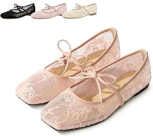 GHTRHSB Ballerine da donna in pizzo ricamate floreali Mary Jane eleganti fiocco punta quadrata scarpe basse leggere traspiranti comode casual scarpe da lavoro per donna, rosa, 40.5 EU