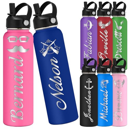 Personalised Water Bottle with Straw Lid Custom Name Engraved Stainless Steel Insulated Water Bottle Customised Double Wall Sports Space Cup for Kids School Gym Travel Birthday Gift 18/24/32/40 oz-Men