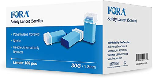 FORA Sterile Safety Lancet, 1.8mm Depth, 30 Gauge, 100 Count, Diabetic Supplies for Blood Glucose Testing. No Lancing Device Needed