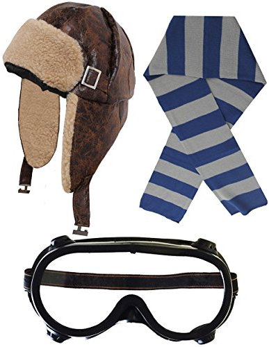 I LOVE FANCY DRESS KAMPFFLIEGER/RUSSEN VERKLEIDUNG KOSTÜM+Schwarze Googles+SCHAL IM Retro Stil = DIE MÜTZE HAT HELLES TEDDYFELL AUF DER Innenseite= Kunstleder OHRKLAPPEN =BLAU/Grauer SCHAL