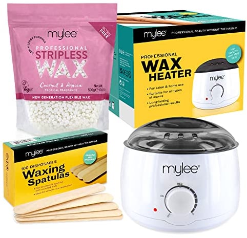 Mylee Professionelles Wachskit – Wachserhitzer, 500 g Hartwachsperlen, Spatel – Streifenfreies Wachs für Gesicht, Beine, Bikinizone, Brazilian und Körper (500g, Kokosnuss & Arnika)