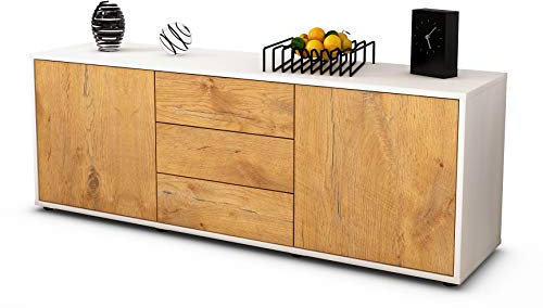Stil.Zeit TV Schrank Lowboard Ameline, Korpus Weiss matt, Front Holz Design Eiche (135x49x35cm), Push to Open Technik & Leichtlaufschienen