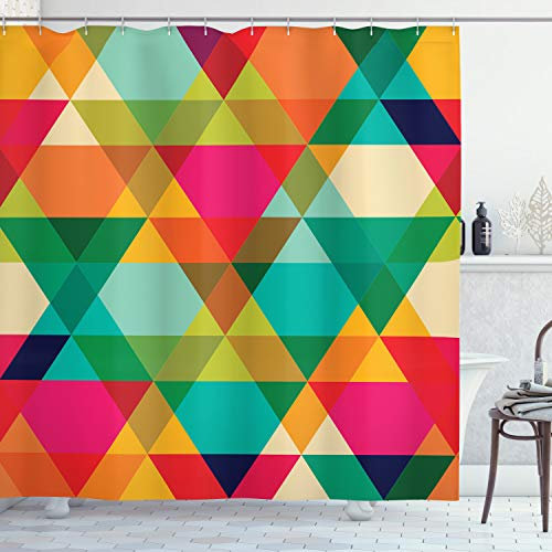ABAKUHAUS Geometrisch Duschvorhang, Retro Farben Grafik-Design, Stoffliches Gewebe Badezimmerdekorationsset mit Haken, 175 x 180 cm, Orange Teal