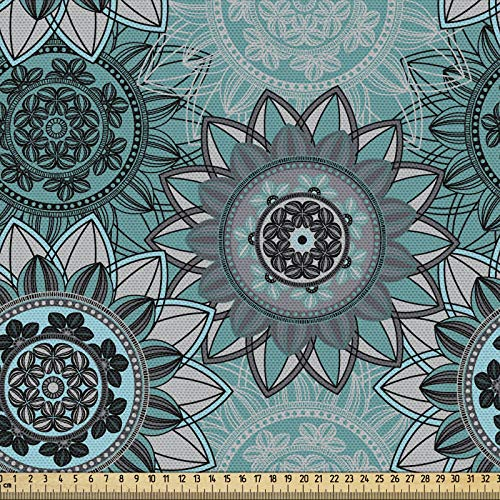 ABAKUHAUS Mandala Gewebe als Meterware, Hippie Orientalischer Frühling, Schön Gewebten Stoff für Polster und Wohnaccessoires, 1M (148x100cm), Türkis Schwarz Taupe