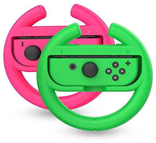 TalkWorks Steering Wheel Controller for Nintendo Switch (2 Pack) - Racing Games Accessories Joy Con Controller Grip for Mario Kart, Pink/Neon Combo - Nintendo Switch