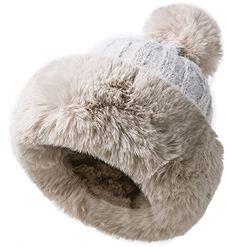 JFAN Warm Mütze Bommelmütze Damen Pudelmütze Winter Ski Mehrfarbig Mode Flauschige GEH?keltes Fell Strickmütze Beige One Size