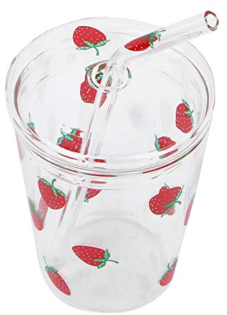 Haofy Tasses en Verre Transparent Tasses en Verre, Gobelets à Motifs de Fraises avec Couvercles et Pailles Tasses en Verre pour Eau Potable Café Lait Jus