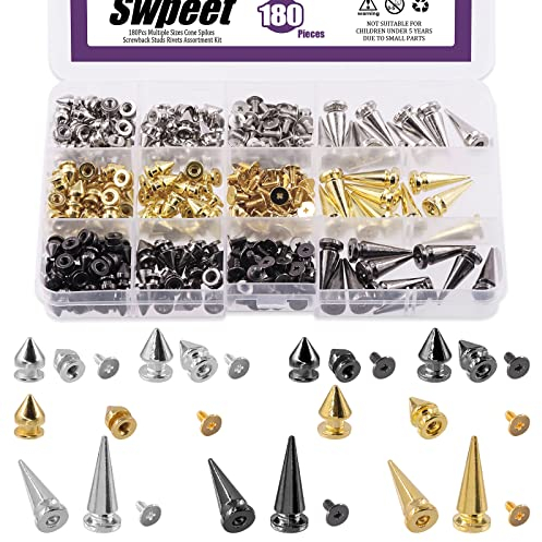Swpeet 360 Stück 3 Farben 10 mm 13 mm 26 mm Baumspikes Nieten und Doppel-Rundkegel-Spikes und Nieten Metallschrauben Nieten Punk Rock Bullet Nieten für DIY Lederhandwerk