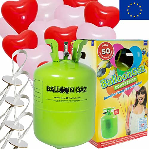 Helium Ballongas + Herzballons + Öko-Ballonbänder | 50er Heliumflasche + Knickventil + 25 Herz Luftballons + 50 Bänder | Herzen Geburtstag Party Hochzeit, Edition: Set mit 25 rot-weißen Herzen