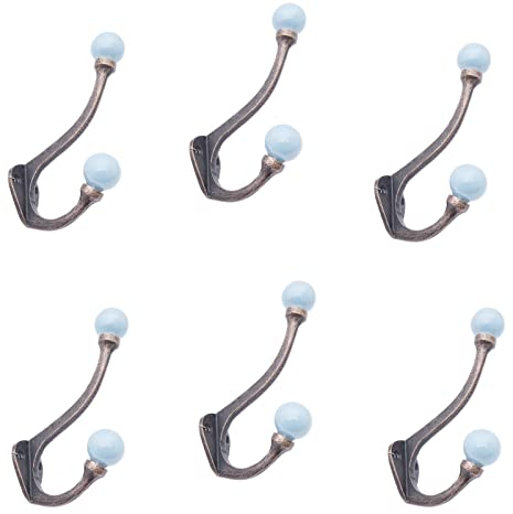 Knober 6 X Haken | Grau | Vintage Garderobenhaken | Antik-Look Bronze Keramik | Wandhaken | Set 6 Stück
