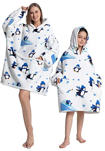 Geagodelia Oversized Decken Hoodie Pullover für Damen Kinder Kuschelig Fleece Decke zum Anziehen Weiche Kuschelpullover Hausanzug Kapuzenpullover Winter (Weiß - Pinguin, One Size)