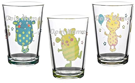 LUXENTU Kinderbecher mit Gravur, 3er Set Trinkgläser Monsterchen, 205 ml, Kindergläser mit persönlicher Namensgravur, Individualisierbar & Anpassbar mit 3 verschiedenen Namen