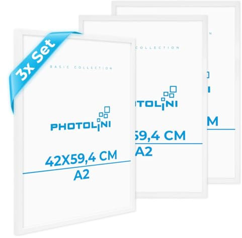 PHOTOLINI Cadre A2 42 x 59,4 bois MDF blanc, lot de 3 cadres photo pour posters et affiches, verre acrylique incassable, décoration murale à suspendre, avec accessoires supplémentaires
