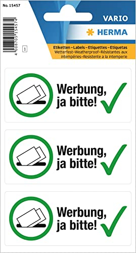 HERMA 15457 Werbung ja bitte Aufkleber wetterfest, 3 Stück, 79 x 34 mm, selbstklebend, groß, kostenlose Zeitungen und Reklame im Briefkasten erwünscht Etiketten Schild aus langlebiger Folie, weiß