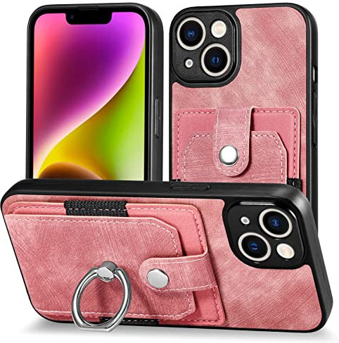 For iPhone 13 Mini Case with Card Holder Wallet Case Ring Kickstand PU Leather Phone Case TPU Silicone Shockproof Bumper Case Magnetic Car Mount Holder Protective Cover for iPhone 13 Mini Pink