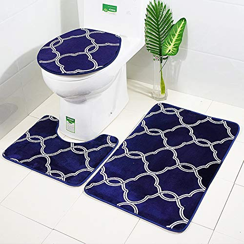 Badematten & Badteppiche Set 3 Teilig Samtstoff Mikrofaser Flauschige Laterne Muster Badezimmerteppich und WC Vorleger mit Ausschnitt Waschbar rutschfeste Badvorleger Toilette Teppich