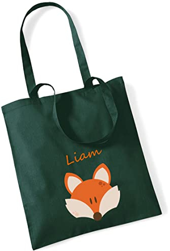 minimutz Personalisierter Jutebeute mit Namen | große Stofftasche Baumwolle Motiv Tier Fuchs | Personalisierter Kitabeutel Mädchen Jungen (dunkelgrün)