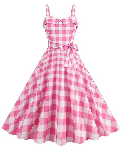 Robe Medievale Femme Enceinte Femmes sans Manches Col en V Plaid Dot Imprimé Vintage Fit Dress Patchwork Cocktail Party Zipper Swing Robes Body Femmes avec Robe De Soirée (Pink, S)