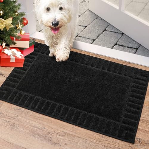BEQHAUSE Door Mats 50x80cm, Washable Indoor Doormat TPR Non-slip, Dirt Trapper Front Door Mat Inside, Super Absorbent Entrance Rug for Entryway, Pets and Dogs- Black