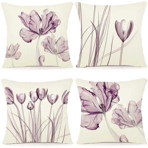 ZWJD Blumen Kissenbezug 40x40 4er Set Outdoor Kissen Dekokissen Leinen Kissenhülle Kissenbezüge Florales Aquarellgemälde Kissenhüllen für Sofa Wohnzimmer Zierkissen 40x40cm