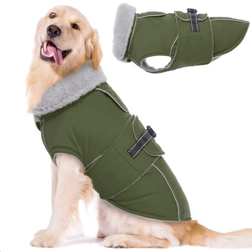 Lelepet Hundemantel Winterweste Reflektierende Fleece Hundejacke für Große Hunde Wasserdicht Hundejacke Wintermantel Warme Winterjacke mit Verstellbarer Schnalle, Armeegrün XL
