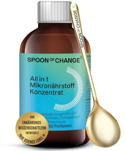 2 Monatsvorrat in 1 Flasche – ALL IN ONE Mikronährstoff Konzentrat – Flüssiges Multivitamin – Mineralien, Spurenelemente, sekundäre Pflanzenstoffe, Vitamine – 60 Portionen – goldenem Dosierlöffel