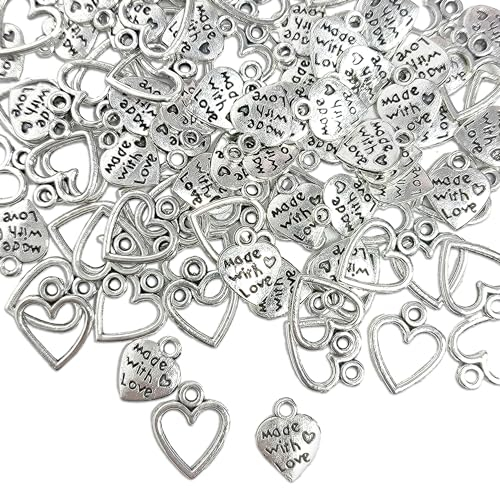 JTMKYO 100 Stück silberne Herzanhänger mit Löchern, DIY-Metallhohlanhänger, Retro-Schmuckgravurzubehör, geeignet für die Herstellung von Armbändern und Halsketten