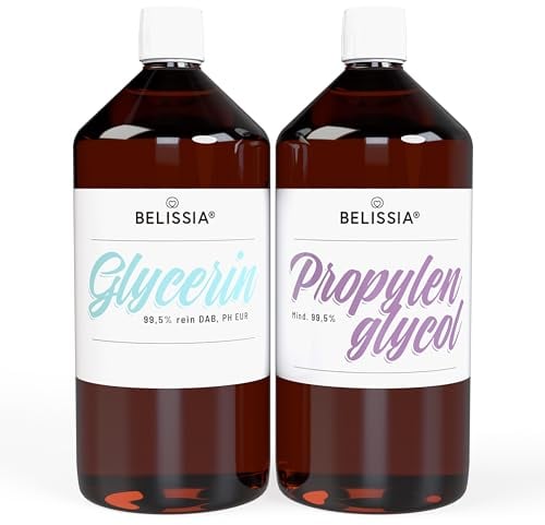 Belissia Glycerin (VG 99,5%) 1000ml E422 + & Propylenglykol (PG 99,9%) 1000ml E1520 | Laborqualität, Kosmetik, Pharma, Lebensmittel, Vegan