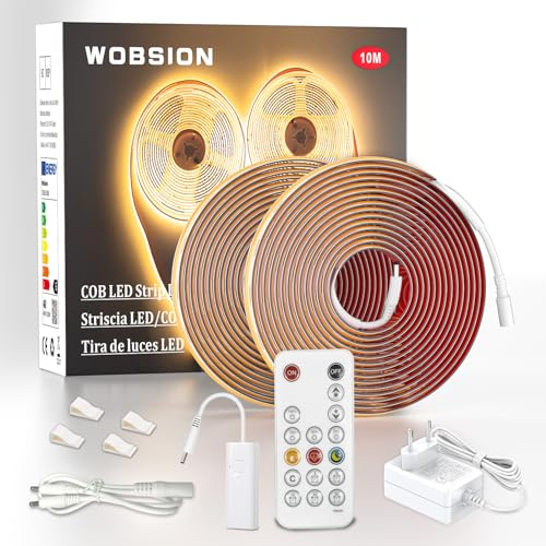 wobsion 10M LED Streifen 4000K mit Netzteil und RF Fernbedienung,CRI92 COB Band für Home,3mm Dünn Stripe Light with 320 LEDs/M,Flexibel Helles 24V DIY Lichtleiste Neutralweiß,Strip Geeignet Indoor
