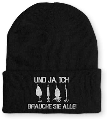 tshirtladen Spruchmütze Strickmütze Angler Wintermütze Mütze lustige Beanie mit Stick, Farbe: Black