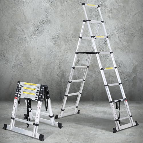 Cecaylie Escalera telescópica Plegable de 2,0 m + 2,3 m, Marco en Forma de A, 6 + 7 peldaños, Carga máxima de 150 kg, Escalera Extensible de Aluminio, tamaño plegada 69 cm