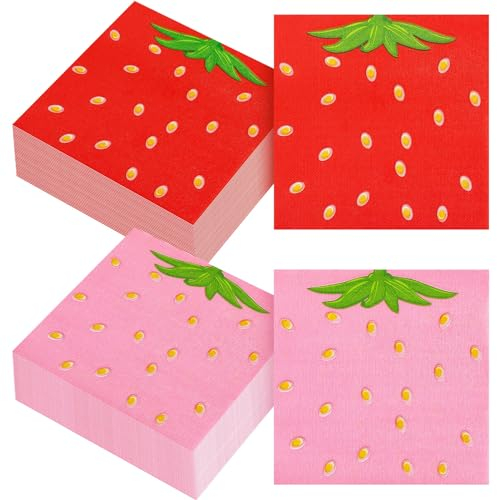 Humyoun Erdbeer-Servietten, 33 x 33 cm, Erdbeer-Partyzubehör, Einweg-Servietten, Sommer-Servietten für Babyparty, Cocktail, Abendessen, Picknick, Geburtstag, Partyzubehör, 80 Stück