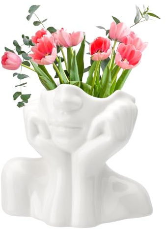 TNSLAND Jarrones Decorativos Modernos, Jarrón de Cara Blanco, Decoración de Mesa, Jarrón Decorativos Modernos, Escultura de Cerámica, Jarrón de Flores Secas, Decoración del Hogar para Cumpleaños