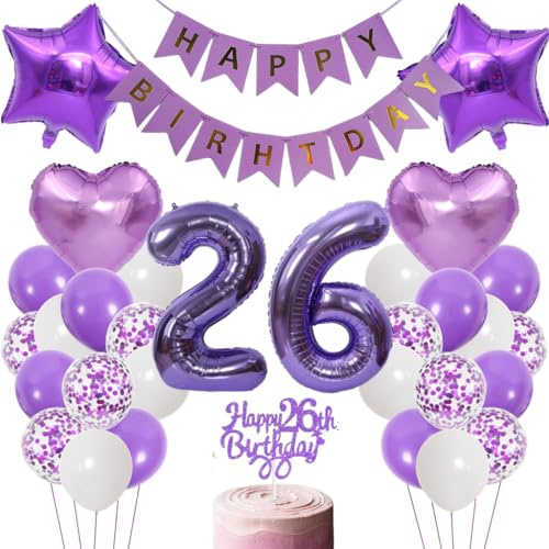 Anlgdi Luftballons 26. Geburtstag Dekoration, Lila Tortendeko Geburtstags 26 Jahre Mann, Geburtstagsdeko 26 Jahre Manner Frauen, Happy Birthday Banner für 26. Geburtstag MannerParty Dekoration