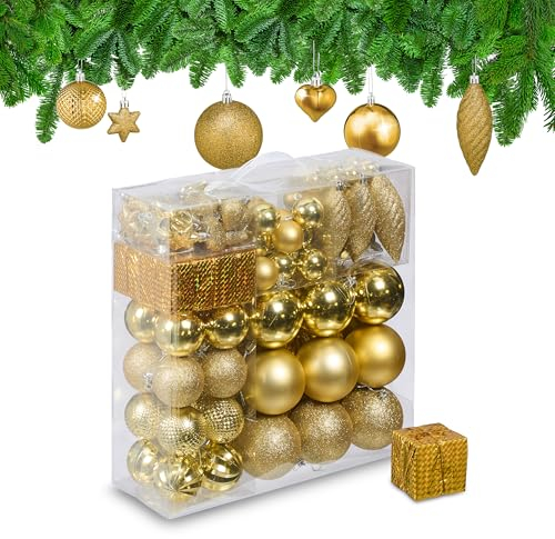 Relaxdays Weihnachtskugeln 110er Set, Kunststoff, Weihnachtsbaumdeko mit Kugeln & Lametta UVM., Christbaumschmuck, Gold