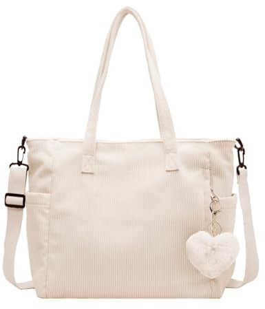 dogmoon Corduroy Tote Bag for Women, Waterproof Cord Tote Bag with Heart keychain, Large Shoulder Bag with Zipper and Pockets, Big Capacity Shopping Bag for Work Travel College Daily Use
