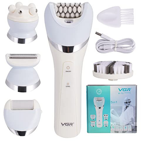 Épilateur électrique pour Femme, 5 en 1 Rasoir Electrique sans Fil pour les Jambes et le Corps épilation, Wet & Dry, Tondeuse avec épilateur, Rasoir, Exfoliant, Nettoyage et Massage du Visage